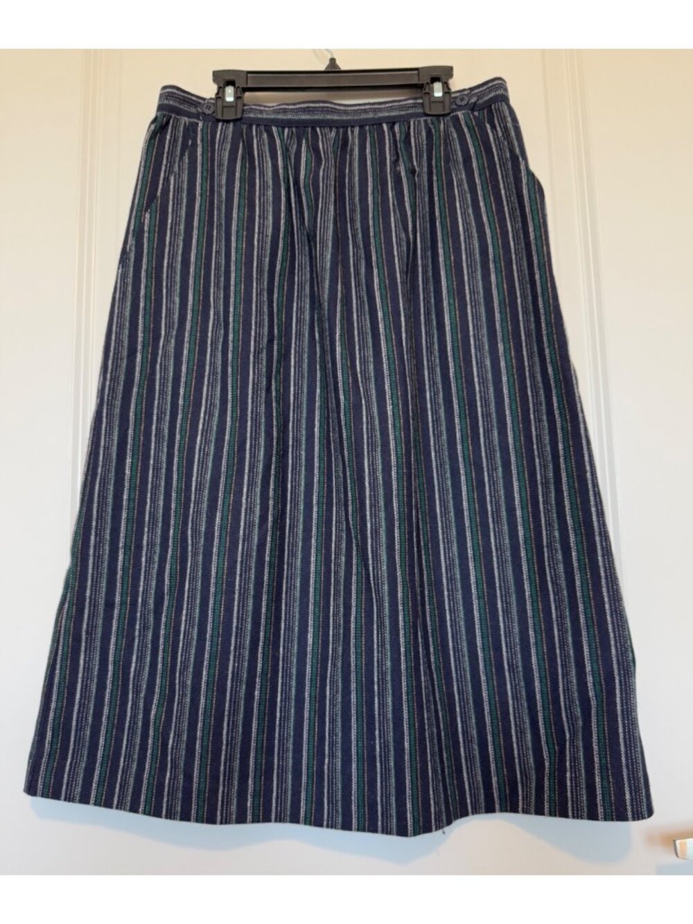 Vtg Personal Navy Wool Vertical Striped Skirt Sz 12 Pockets Retro MIdi Academia